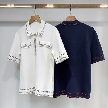 

Spring Summer New Metal Buttons Turn-down Collar Top Contrast Color Knitwear Wild Short Sleeve T-shirt