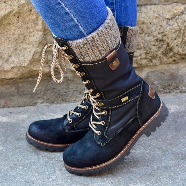 Winter Shoes Women Boots Basic Mid-Calf Boots Round Toe Zip Platform Decor Female Shoes Warm Lace Up Boots Shoes