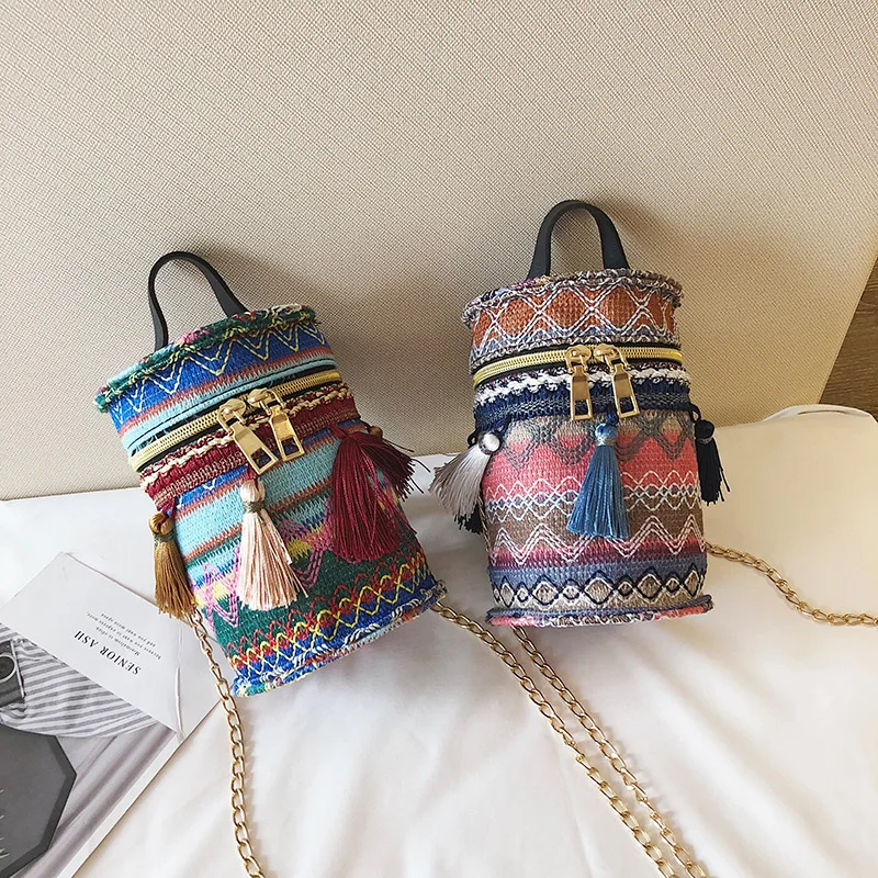 

Bag Women's 2018 Fashion New Style Tassels Straw Bag Korean-style Casual Chain Bucket Bag Ethnic-Style Shoulder Bag