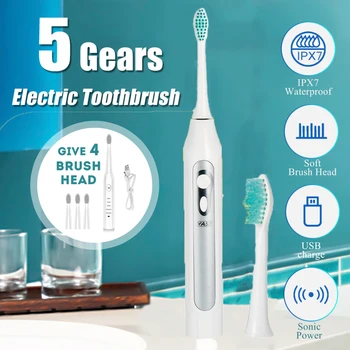 

Sonic Electric Toothbrush Adult Timer Brush 5 Mode USB Charger Rechargeable Tooth Brushes Replacement Heads Set Free Shipping