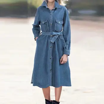 

2019 Long Trench Denim Coat Women Plus Size 4XL Casual Fashion Autumn Solid Lapel Sashes Button Elegant Coat Abrigo Largo Mujer