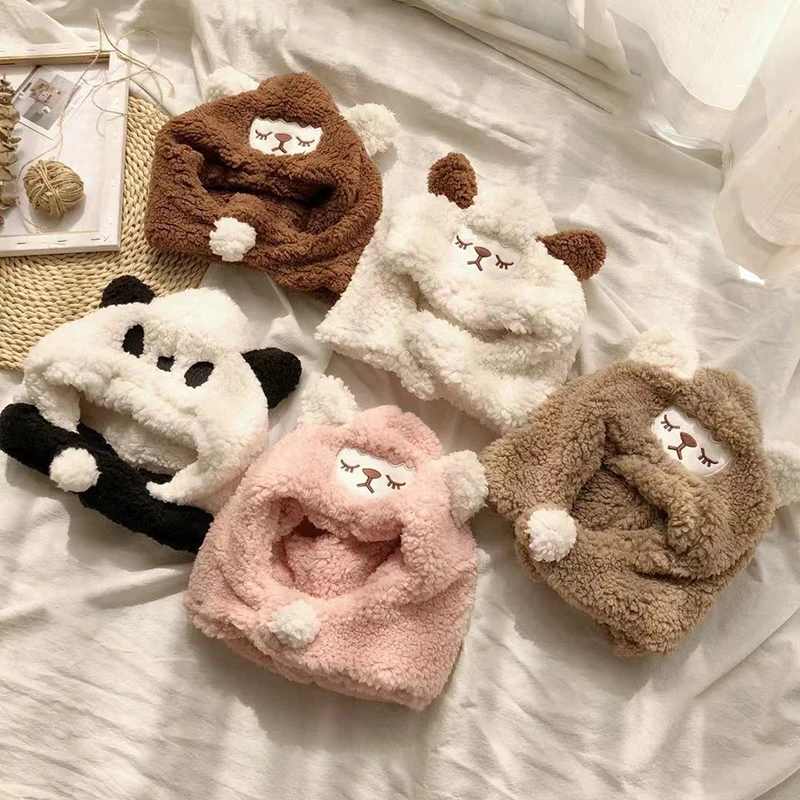 2 In 1 Baby Winter Warmer Cartoon Plush Ear Design Hat 2-10Y Infant Collar Scarves Neckerchiefs
