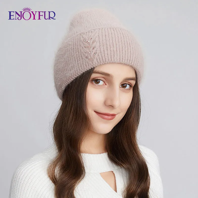 ENJOYFUR Women Winter Knitted Hats Natural Angola Wool Cuffed Dome Cap For Female Fashion Stretch Casual Brand Beanies Gorro 4