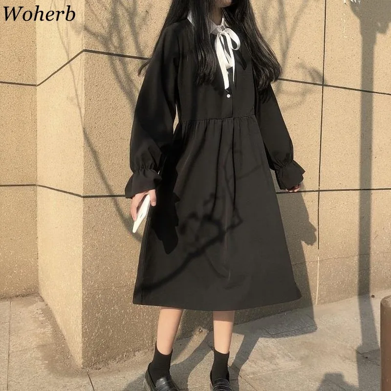 

Woherb 2020 New Lolita Kawaii Women Dress Vintage Black High Waist A-Line Dresses Preppy Style Sweet Bow Chic Vestidos Femme