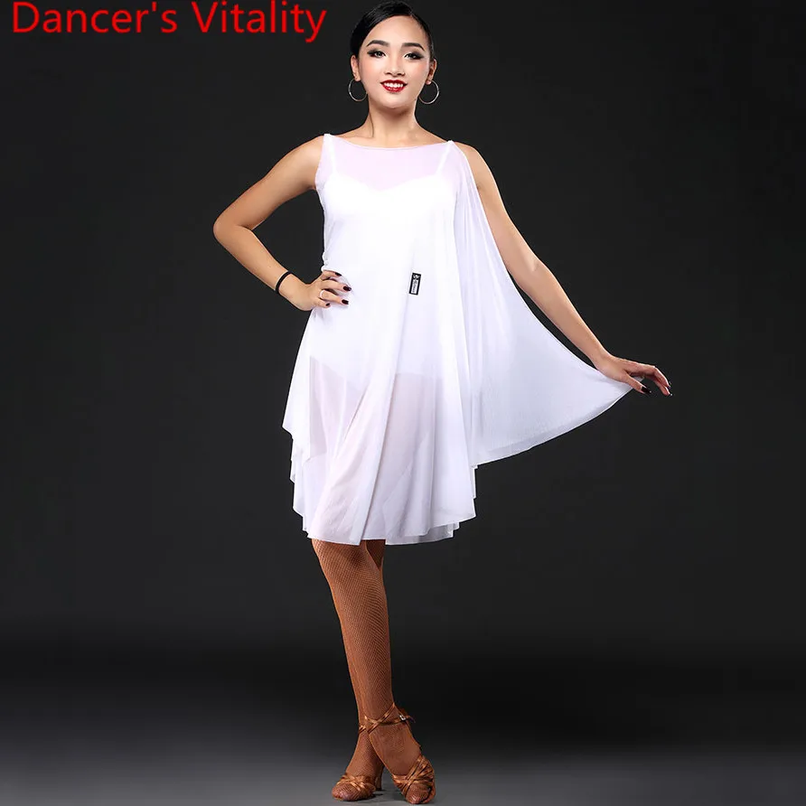 

Latin Dance Competition Suit Women Sleeveless Yarn Dress Chest Paddings Professional Rumba Samba Tango Jazz Dancing Stage Wear