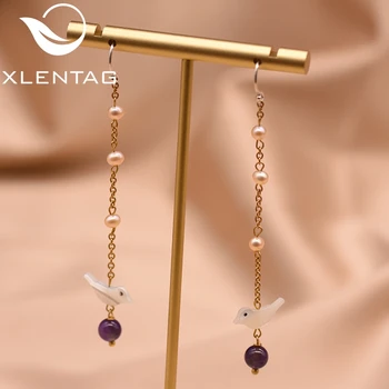 

XlentAg Natural Amethystine Long Drop Earrings For Women Shell Bird Dangle 925 Sterling Silver Handmade Earrings Jewelry GE0046