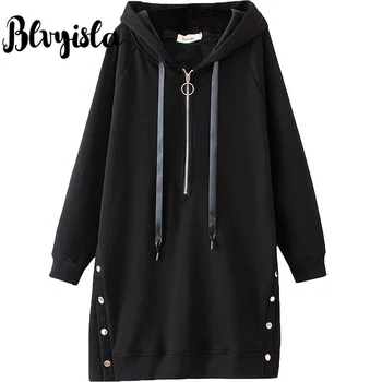 

Blvyisla 3XL Plus Size Long Sleeve Drawstring Hooded Sweatshirt Women Zip Pullovers Button Split Hem Fleece Black Hoodies Tops