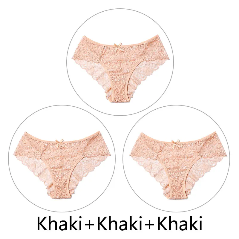 Khaki Khaki Khaki 3 шт./партия, сексуальные кружевные трусики, женское нижнее белье, трусы больших размеров, открытый прозрачный нижнее белье для женщин, с низкой талией, дышащие трусики - Цвет: Khaki Khaki Khaki