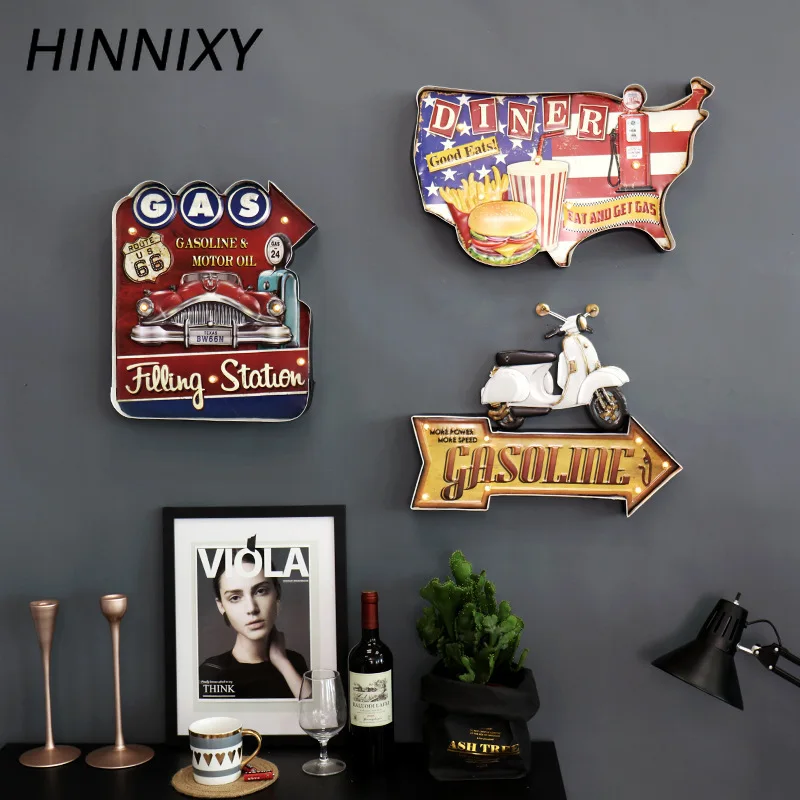 Винтажный светодиодный настенный светильник Hinnixy для кофейного бара, декоративное освещение, железное искусство, Route66 Cola, мороженое, дистанционное управление, ночные светильники