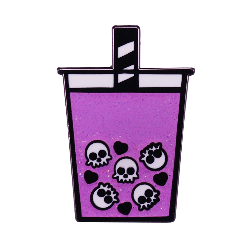 Shiny Skull Boba Tea Pin Cute Halloween Gift
