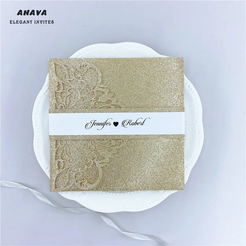 

Free Shipping 50pcs Glitter Champagne Laser Cut tri-fold Wedding Invitation Cards Kit Envelope Personalized Pocket Invite RSVP