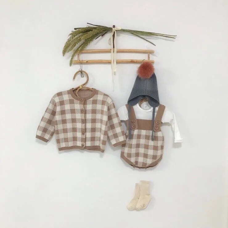

3002 Korean Baby Girls Lattice Sweater Coat And Belt Pants Rompers Autumn Knitted Baby Clothes Toddler Infant Plaid Jacket Tops