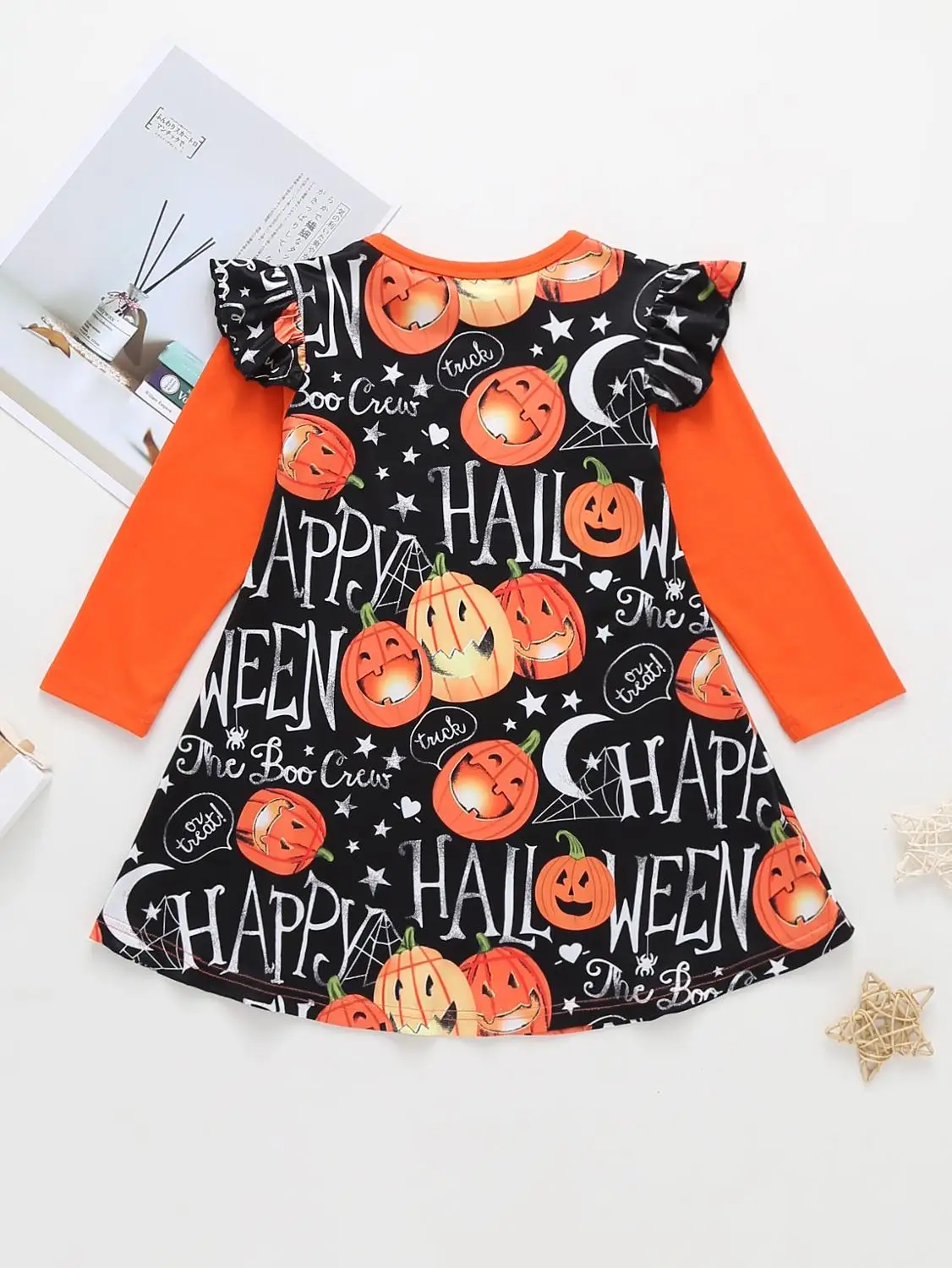 

Girls Small Flying Sleeves Halloween Dresses Children's Hallowmas Pumpkin Ghost Holiday Theme Long-sleeved Dress Autumn Winter