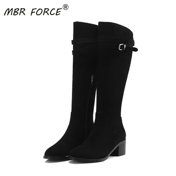 

MBR FORCE winter high quality cow suede leather ladies round toe fashion all-match exquisite belt buckle decorated high boots