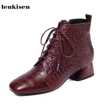 

Lenkisen cozy breathable cow leather print square toe med heels solid office lady winter keep warm women zipper ankle boots L89