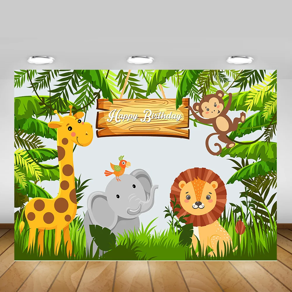 Arriere Plan De Dessin Anime Joyeux Anniversaire Jungle Animaux Safari Fete Photographie Foret Feuilles Vertes Arriere Plan D Anniversaire Pour Nouveau Ne Aliexpress