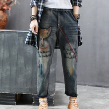 Женские джинсовые брюки, модные повседневные длинные, большие, свободные, с героями мультфильмов, Лоскутные, на осень, AZ41241918