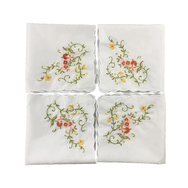 Dames Zakdoek Wit Katoenen Zakdoeken Met Coquille Randen & Kleur Borduren Bloemen Hanky 12x12-inch