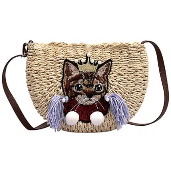 

New Handmade Straw Bag Casual Cat Beach Bag Woven Basket Casual Shoulder Handbag