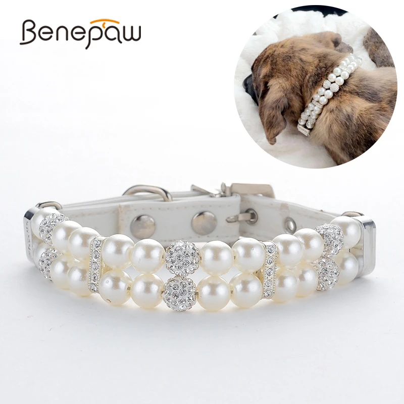 Benepaw Fashion Pearl Dog Collar Elegant Crystal Rhinestone PU Leather