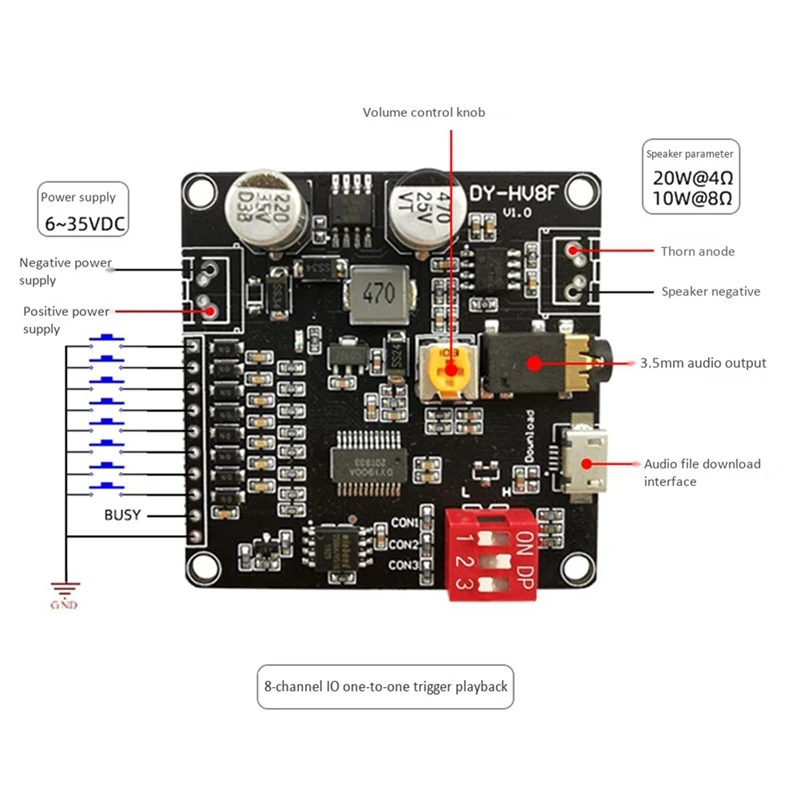 DY HV8F 12V/24V Trigger Serial Port Control 10W/20W голосовой модуль воспроизведения с флэш памятью