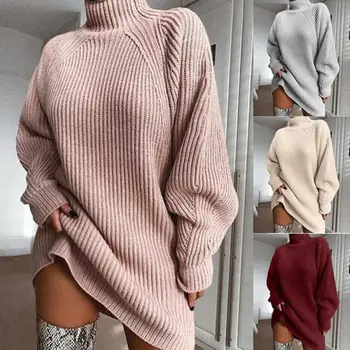 

Fashion Women Sweater Winter Warm Turtleneck Long Raglan Sleeve Knitted Sweater Loose Midi Dress For Women's Clothings
