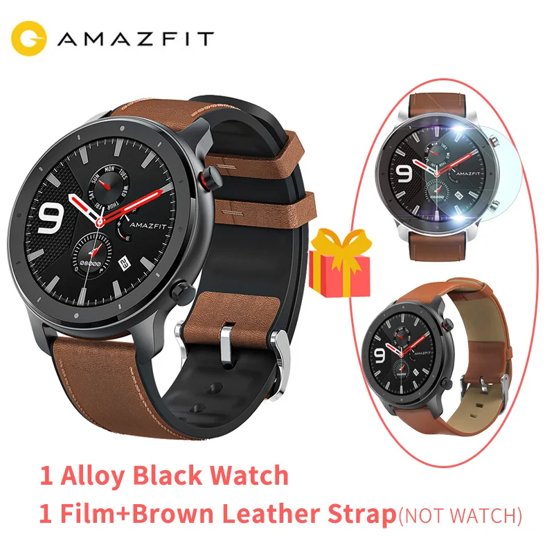 【ES запас 】 47 мм Huami AMAZFIT GTR Смарт-часы, глобальная версия, gps 5ATM Водонепроницаемый Smartwatch активно-матричные осид, Экран 24 дней Срок службы батареи - Цвет: black brown leather
