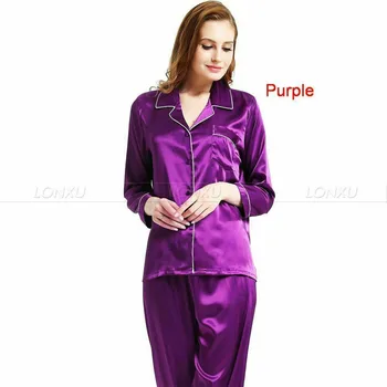 

Meihuida Spring Autumn Women Loose Soft Silk Satin Sleepwear Pajamas Set Solid Tops and Long Pant Two Piece Sets