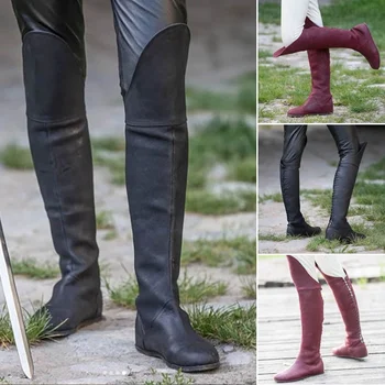 

New Women Vintage Boots Quality Leather Tall Boot Retro Round Toe Back Lace Up Winter Autumn Flat Boot Female Shoes Large Size