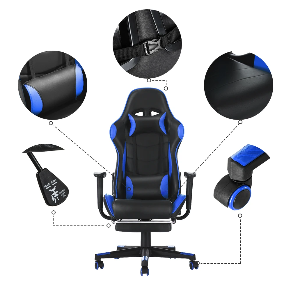 Gaming Sport Chair Swivel Gas Lift Lockable Reclining Chair with 5 Wheels Office Chair Adjustable Seat Height Pu Leather Seater