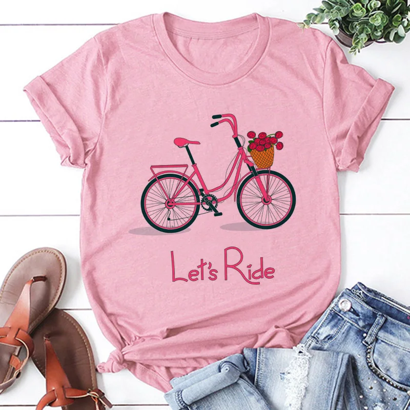 Pink T Shirt Women Beautiful Scenery Bicycle Vogue Casual Tshirt Harajuku Korean Style Graphic Tops Kawaii Short Sleeve T-shirt