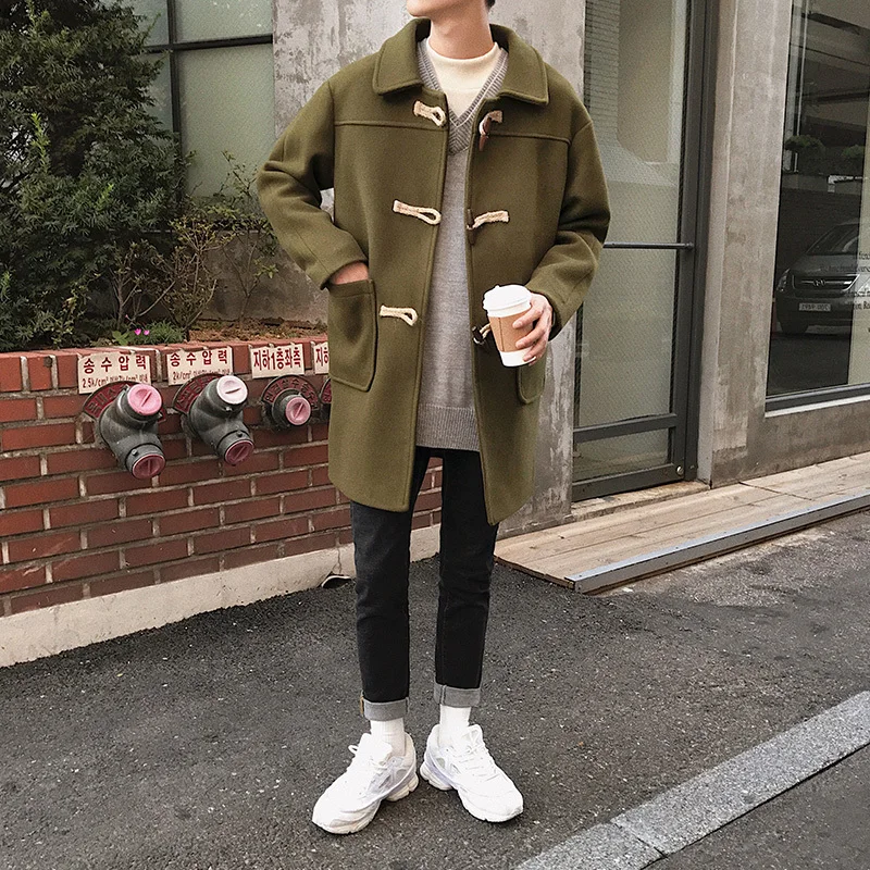 Liketkit, мужской Тренч, зима, мужское однотонное длинное пальто большого размера, корейский стиль, хаки, с роговым воротником, повседневное шерстяное пальто