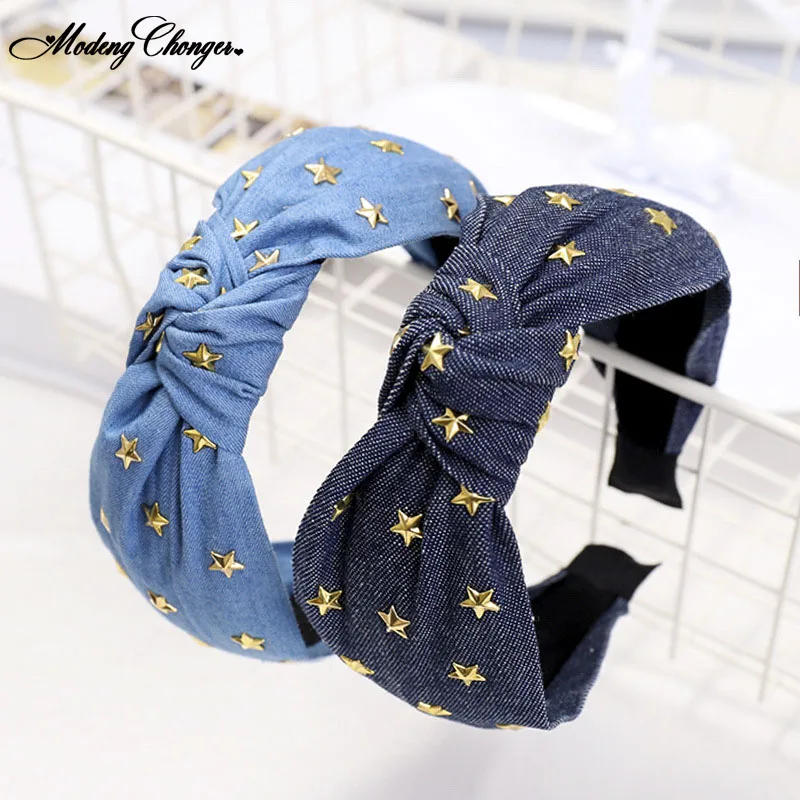 

Bohemian Ethnic Denim Fabric Hot Drilling Knotted Headband Denim Center Knot Hairband Metal Star Stamping Woman Hair Accessories