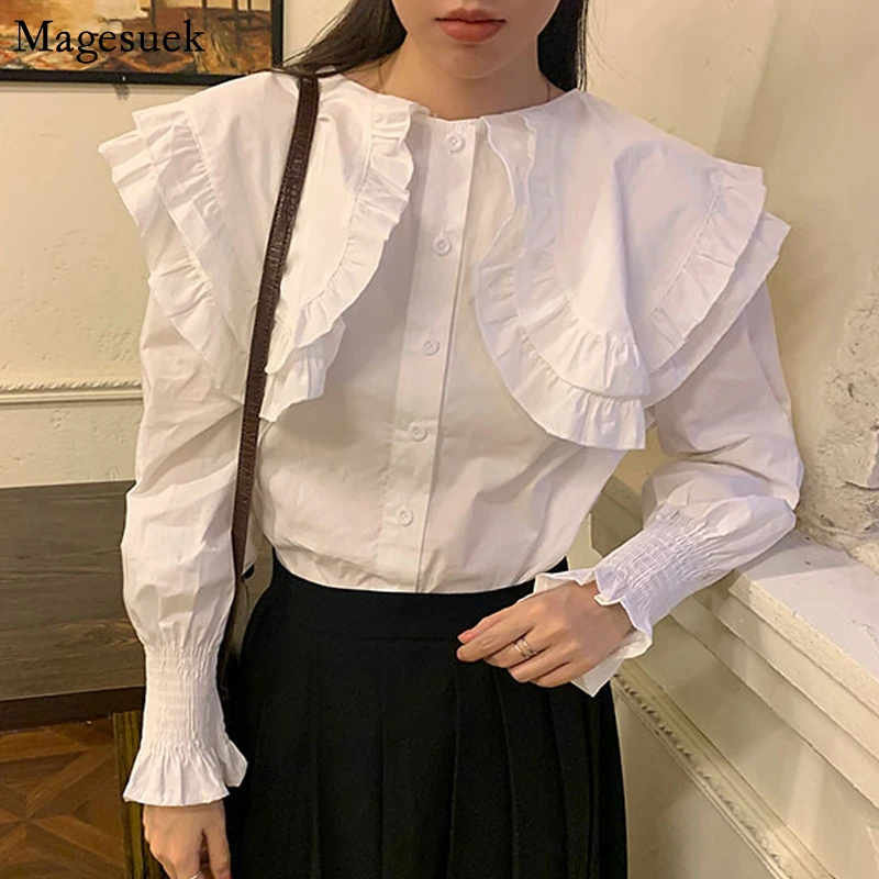 

Spring Loose Women Blouse Elegant Long Sleeve Ruffled Lapel Chic Doll Collar Shirt Elegant Fashion All-match White Top 13971