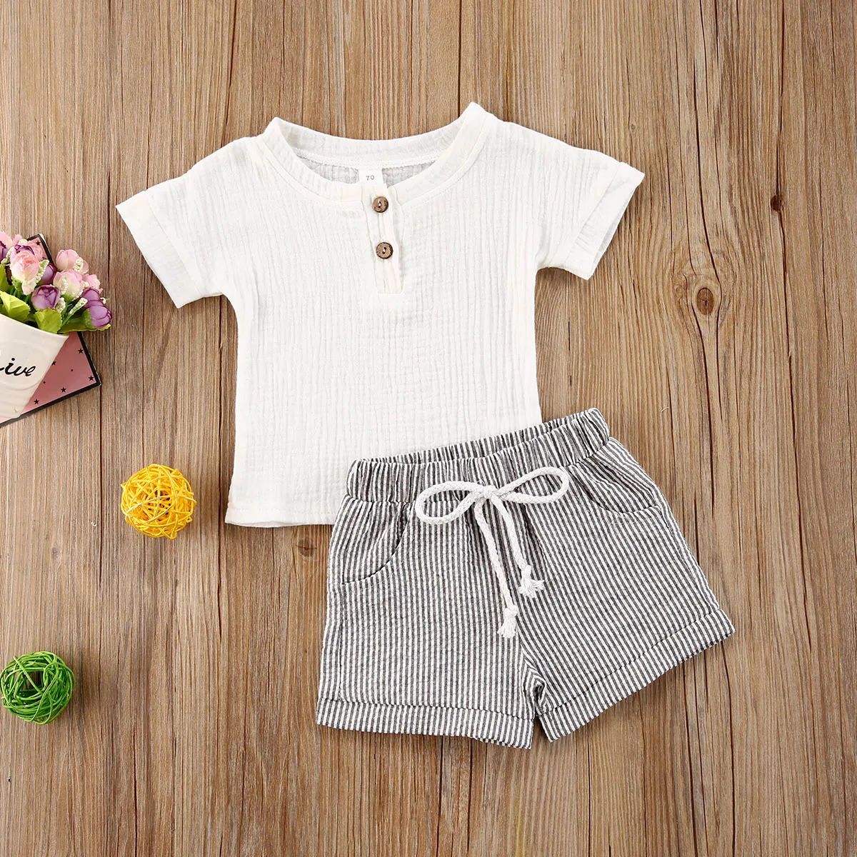 New Infant Baby Summer 2 Piece Set Solid Color Short-Sleeved Top + Striped Printed Shorts