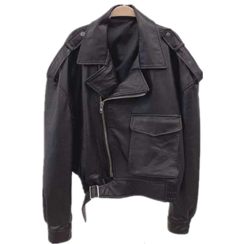 Fashion Tide Autumn And Winter New Fashion Lapel Zipper Waist Buckle Black Pu Leather Jacket Female Short Paragraph PB559