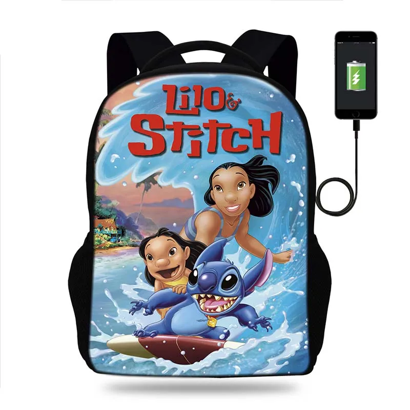 17inch Lilo Stitch Print Backpack usb Charger Schoolbag Laptop Backpacks for Teenage School Bag