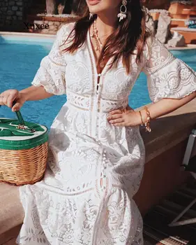 

Women Sweet V Neck Hollow Out Single-Breasted Lace Long Dress Elegant Summer Beach Style Holiday Solid Streetwear Dress