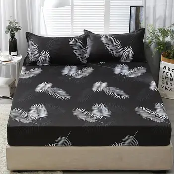 

25 Fitted Sheet with Pillowcase Set Black Leaf Printed Single Queen Size Mattress Protector Cover Bottom Sheet for King Bed
