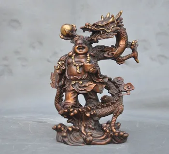 

wedding decoration old China bronze Feng shui wealth auspicious lucky Dragon Maitreya Buddha statue