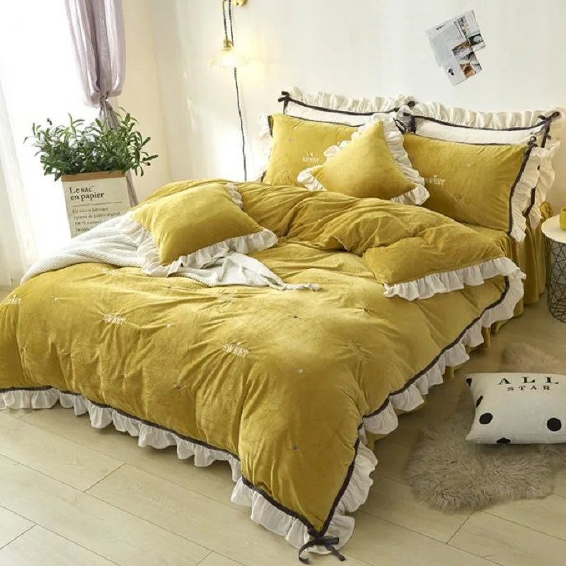 Princess Style Crystal Velvet 3 4pcs Lace Bed Set Duvet Cover Skirt Pillowcases Solid Ginger Yellow Bean Paste Grey White | Дом и сад