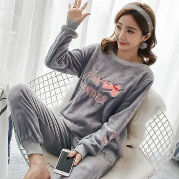 

Two Piece Set Winter Warm Flannel Pyjamas Pjs Women Set Thick Coral Velvet Long Sleeve Cartoon Pink Panther Pajamas Home Cloth