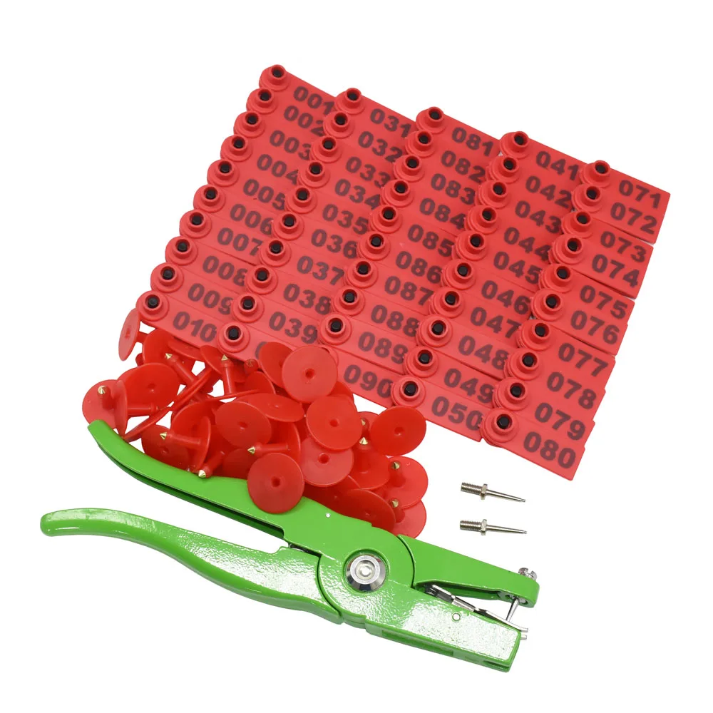 Aplicador de marcador de oreja, etiqueta de oreja, 001-100, Kit de identificación de cabra, Tagger de oreja con 2 uds., pinzas para etiquetas