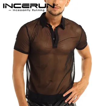 

INCERUN 2020 Men Shirts Transparent Mesh Chic Lapel Short Sleeve Breathable Sexy Shirts Men Party Nightclub Camisas Hombre S-5XL