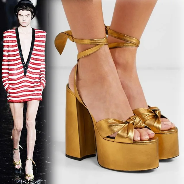 Women Chunky High Heels Lace-up Sandals Sexy Platform Round Toe Evening Party Shoe Ankle Strap Ball Summer Lady Sandals 1-D-SL-4 Gold
