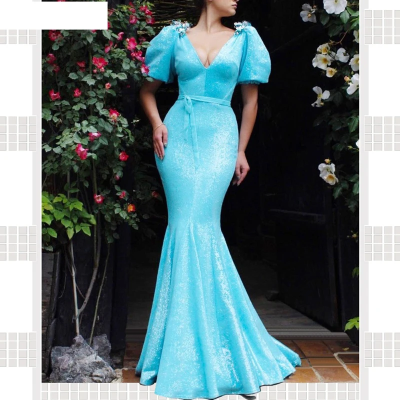 Elegant Blauw Lange Mermaid Sequin Prom Dresses Diepe V-hals Kaftan Couture Sexy Avond Party Dress Met Sjerpen robe de mariee Elegant Blauw Lange Mermaid Sequin Prom Dresses Diepe V-hals Kaftan Couture Sexy Avond Party Dress Met Sjerpen robe de mariee