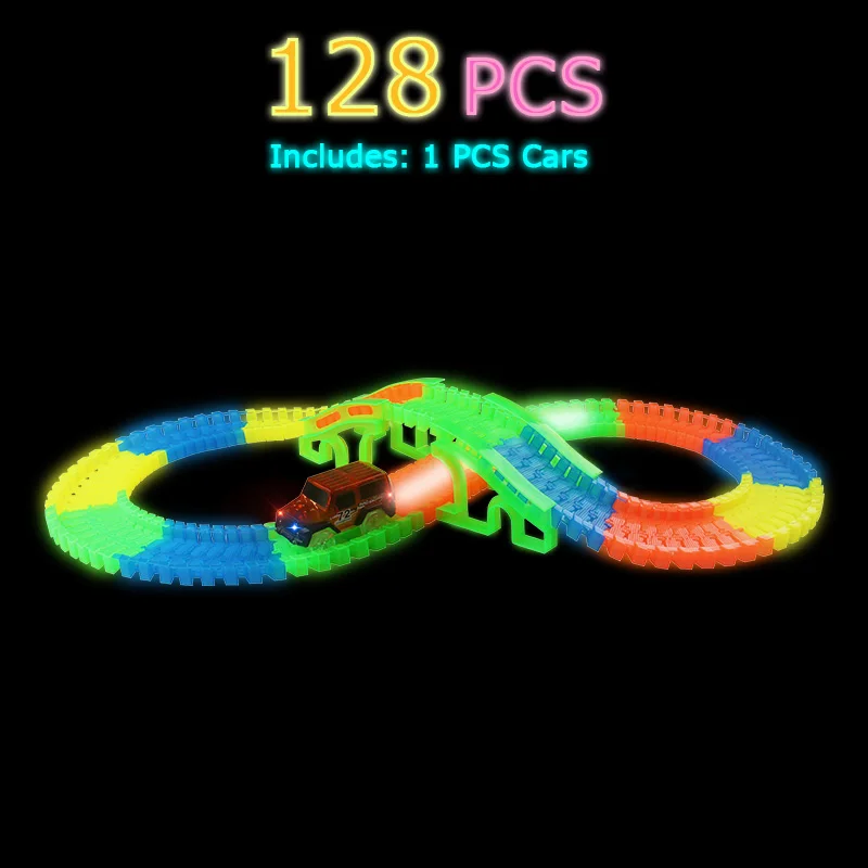 DIY гоночный трек набор изгиб Flex светится в темноте флэш-светодиодный вагон 300/256/128 шт светящийся гоночный трек набор игрушки подарок для маленьких мальчиков - Цвет: 128pcs 1car bridge