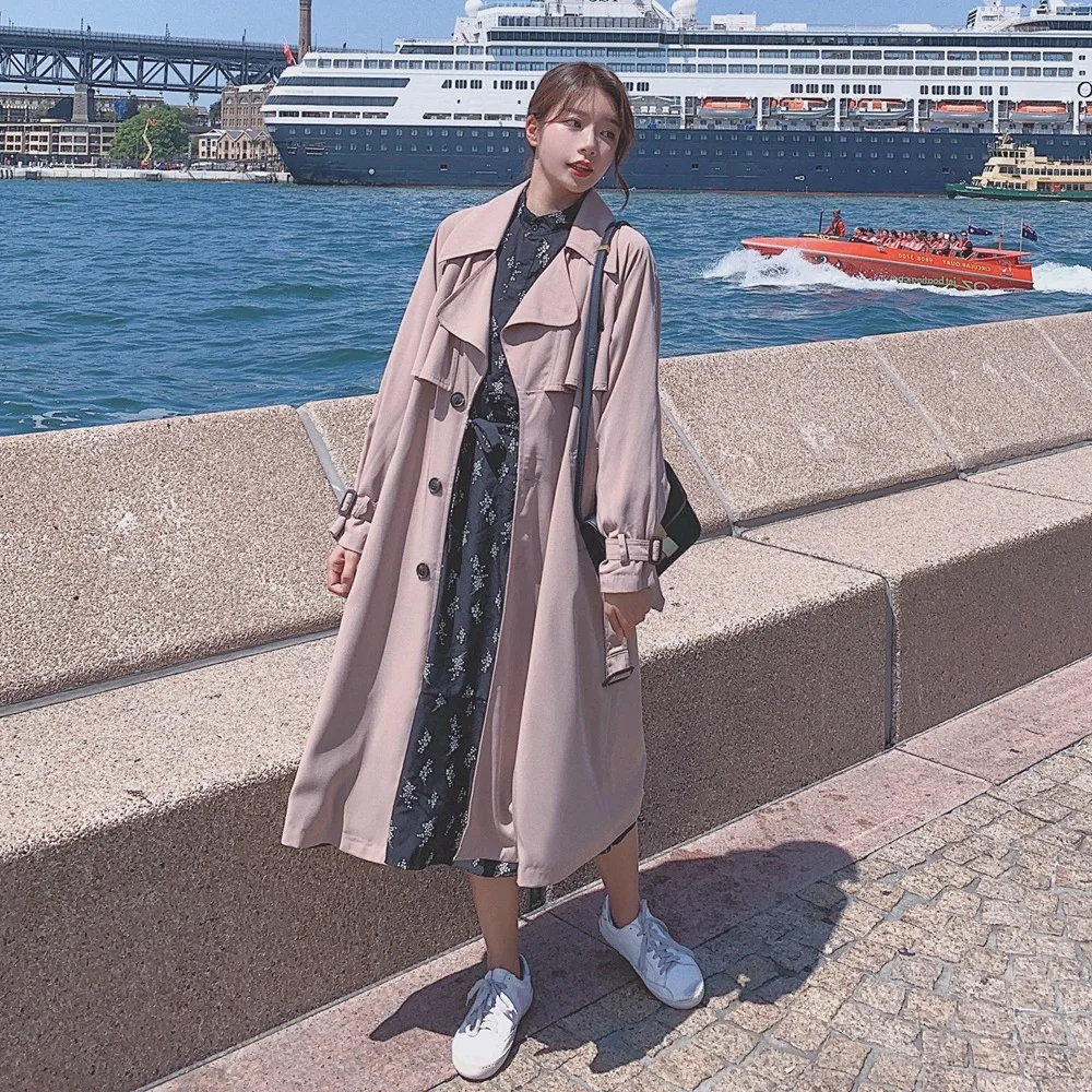 

Photo Shoot 2019 Spring New Style Korean-style WOMEN'S Wear-Style Retro British Style Waist Hugging Slimming over-the-Knee Long