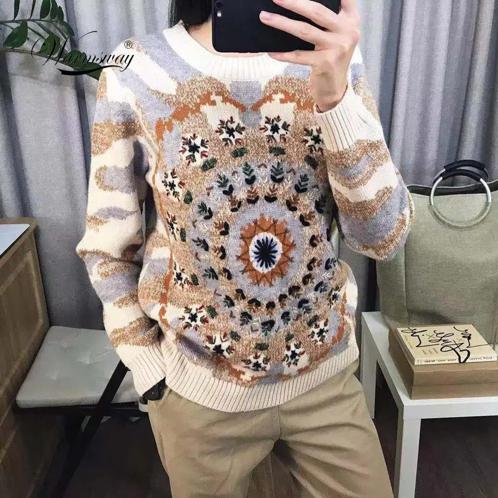 Women Sweater Color Block Jacquard Jumper Flower crochet Jersey Luxury Runway Design Pullovers Intarsia Knitted Top C-256