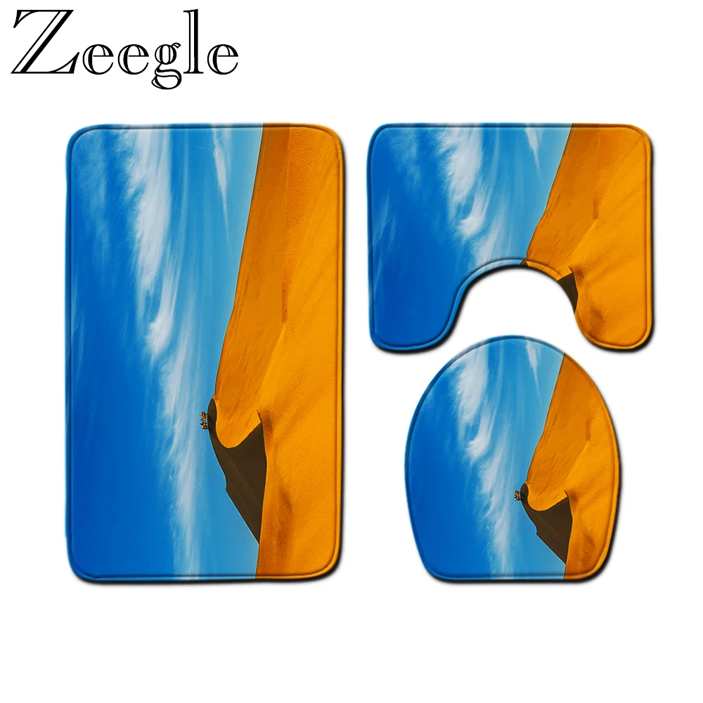 3pcs Carpet Mat for Bathroom Carpet Bath Mat Shower Room Toilet Cover Bath Mat Set Pedestal Toilet Rug Scenic Pattern Bath Rug